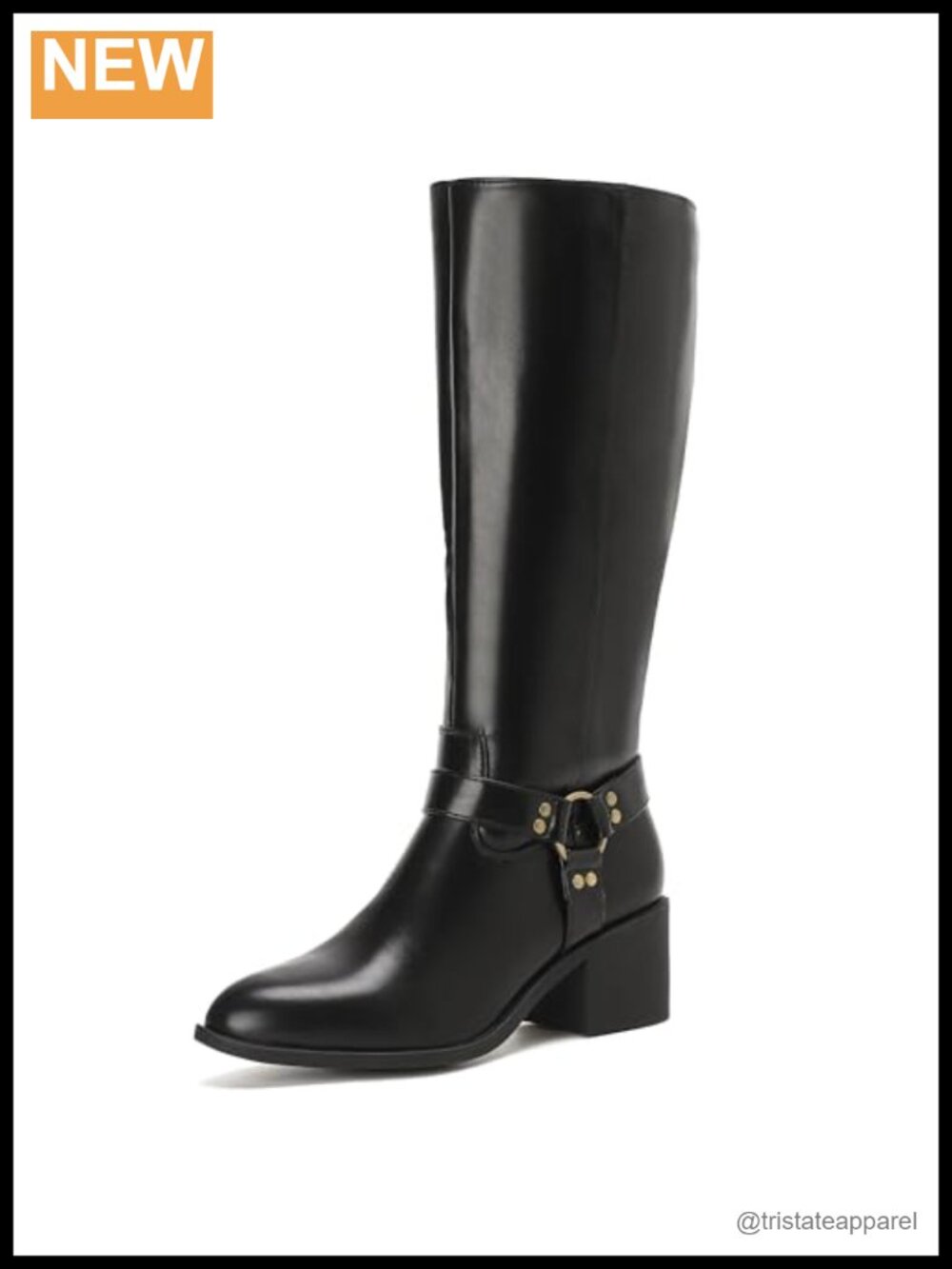 Knee High Riding Boots Block Heel Faux Leather Side Buckle Zip Chunky
